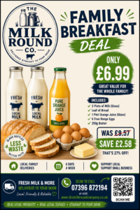 family breakfast bundle, 2 pints of fresh mik, loaf, unsalted butter, 1 point orange juice and 6 eggs