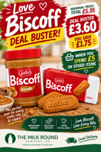 Lotus Biscoff Deal Buster from The Milk Round Company – 400g Biscoff Smooth Spread and 250g Biscoff Biscuits for £3.60 when you spend £5 on other items, saving £1.75.