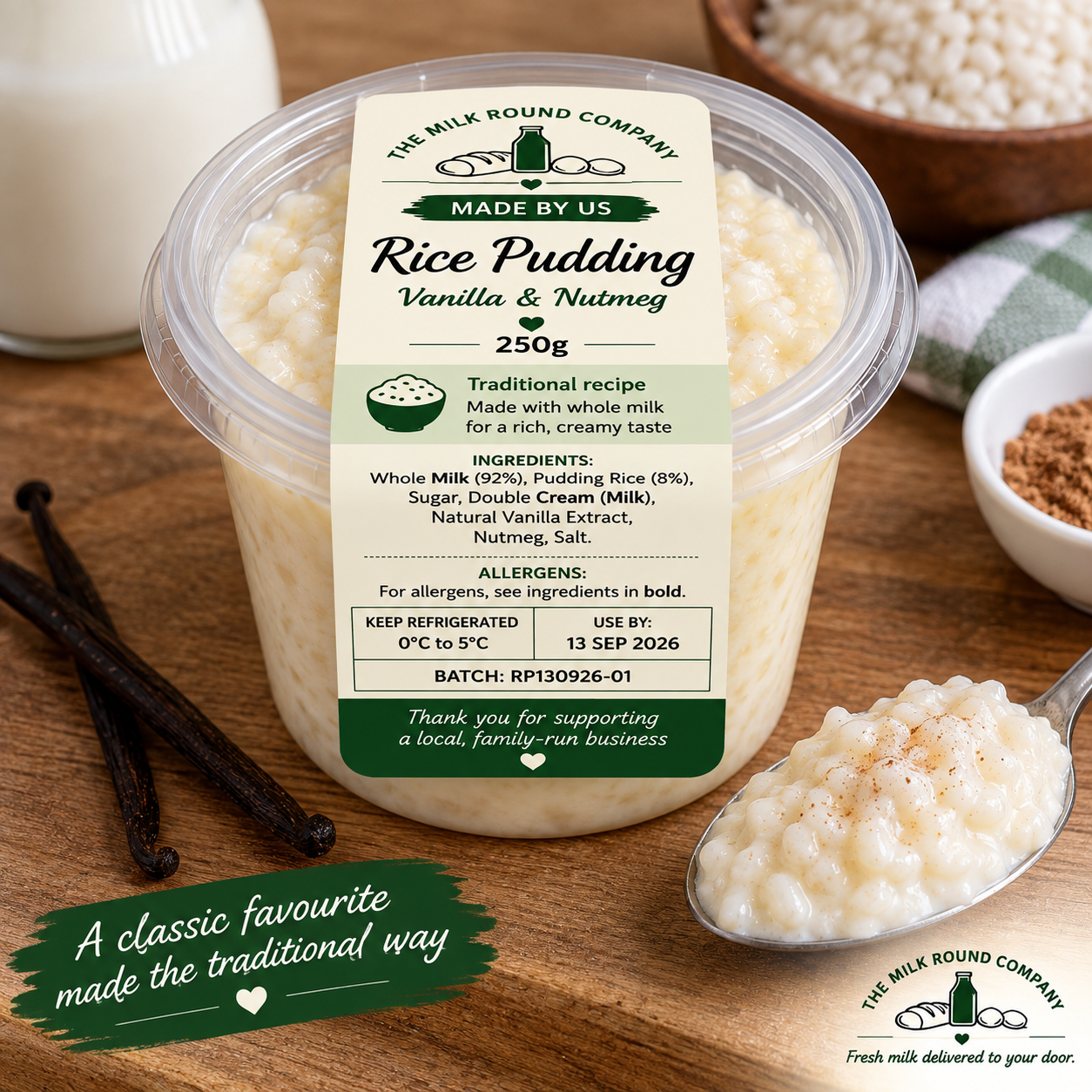 The Milk Round Company Made By Us thick and creamy rice pudding in a 250g pot