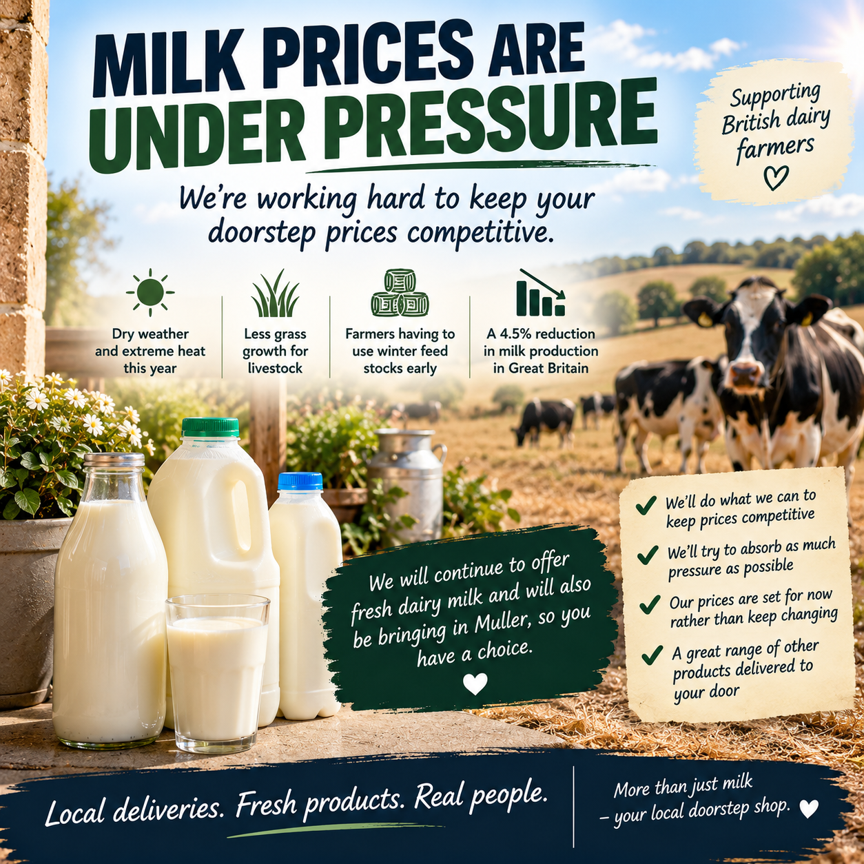 Dairy cows and fresh milk illustrating pressure on UK milk prices following the hot, dry summer of 2026